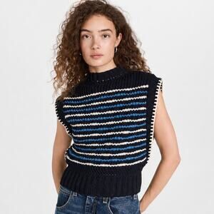 Veronica Beard Tarina Sweater Vest L Navy Multi Stripe Quiet Luxury Coastal Prep